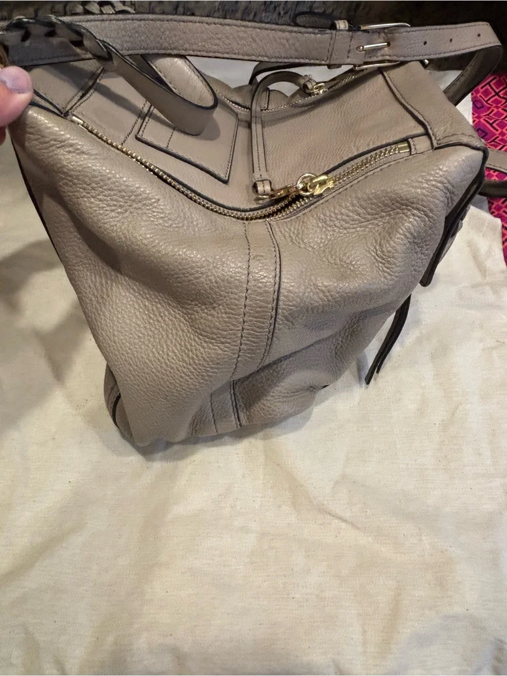 Tory Burch Neutral Taupe Braided-Handle Pebbled Leather Satchel
